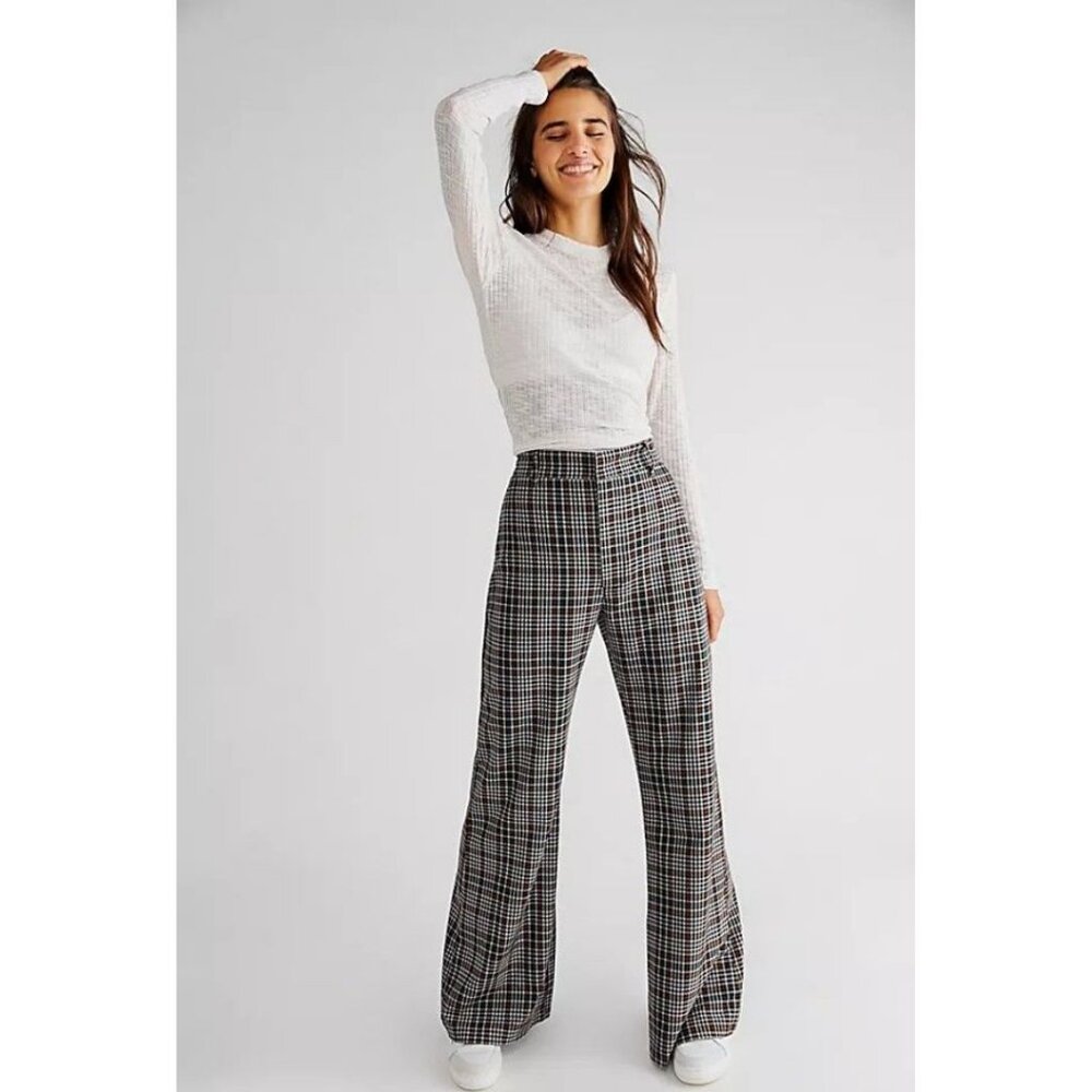 Free People Plaid Jules Pants Checkered Blue Black Brown Size 4